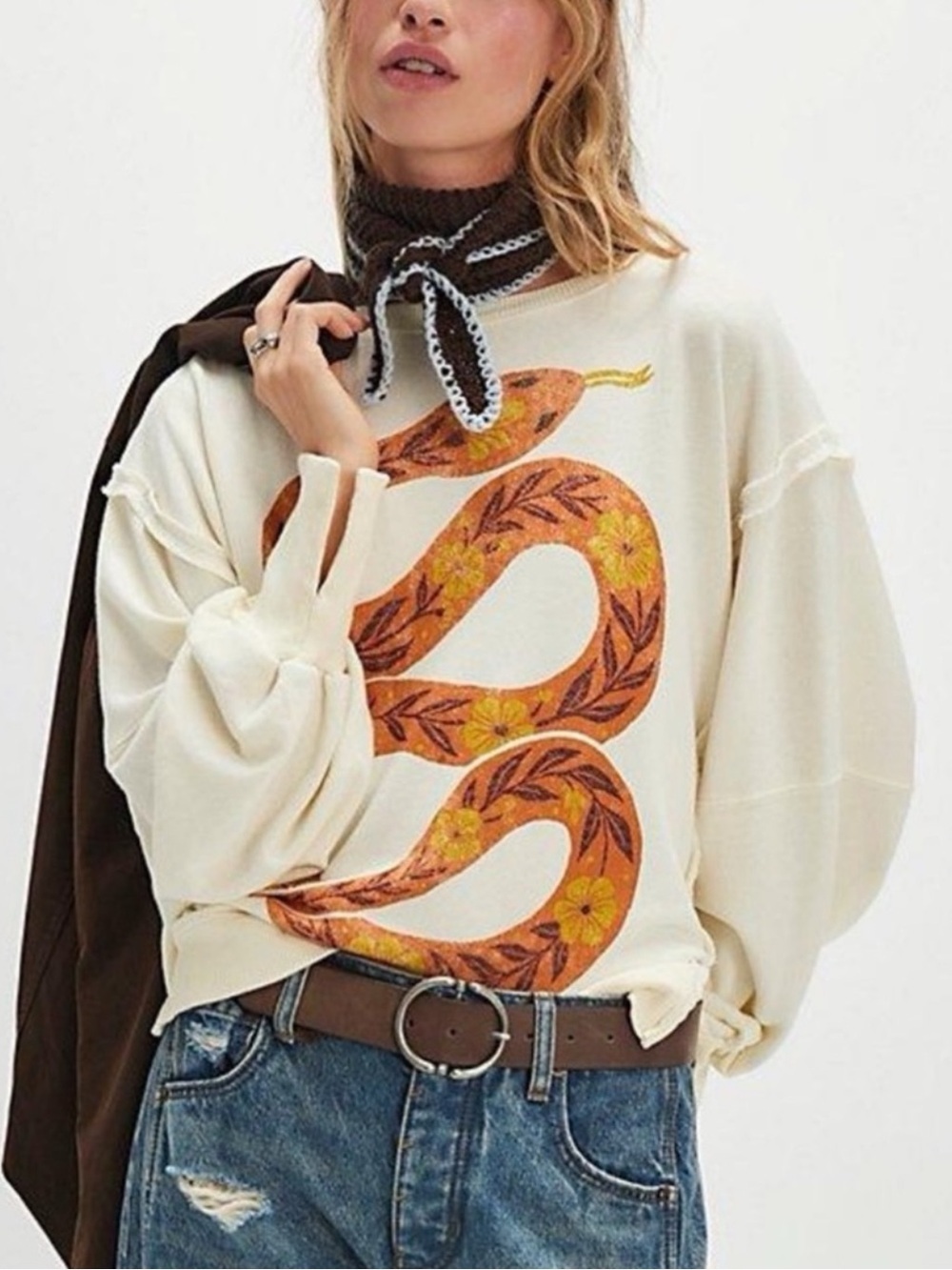 Free People We The Free Graphic Camden Pullover in Snake Print Tofu Combo NWT